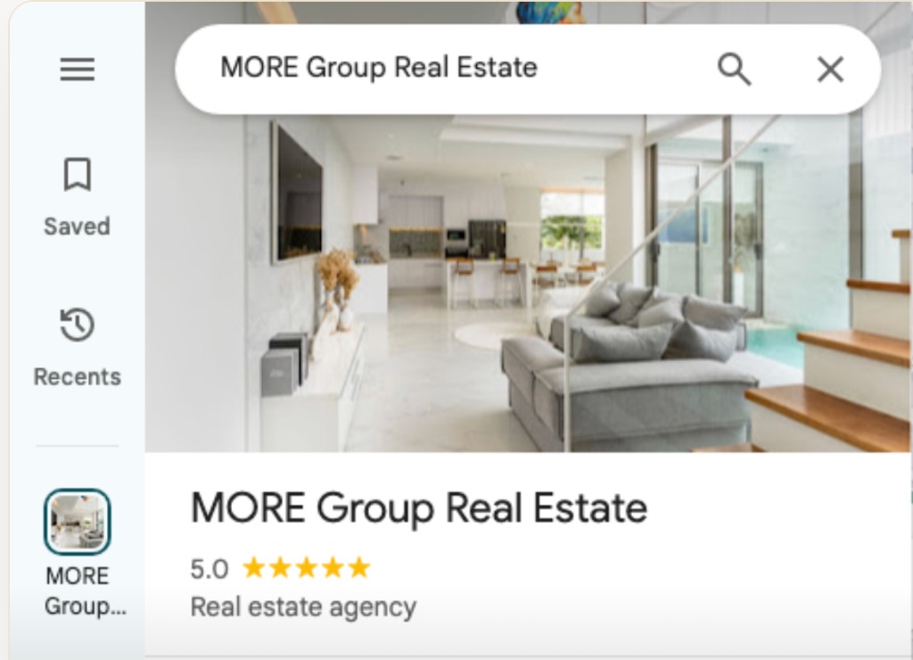 Google profile screenshot showing MORE Group Real Estate with 5.0 rating