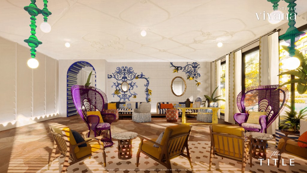 The Title Vivana Kamala — Mediterranean-themed residents' lobby lounge with rattan armchairs and tile artwork
