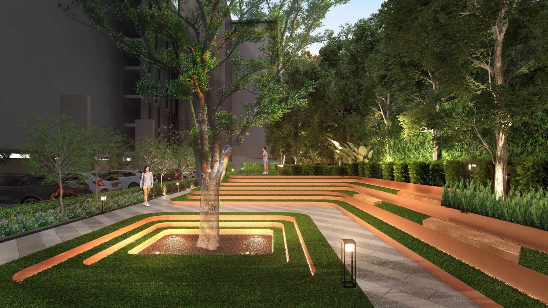 VIP Venus Karon — central garden courtyard with mature trees and stepped landscaping
