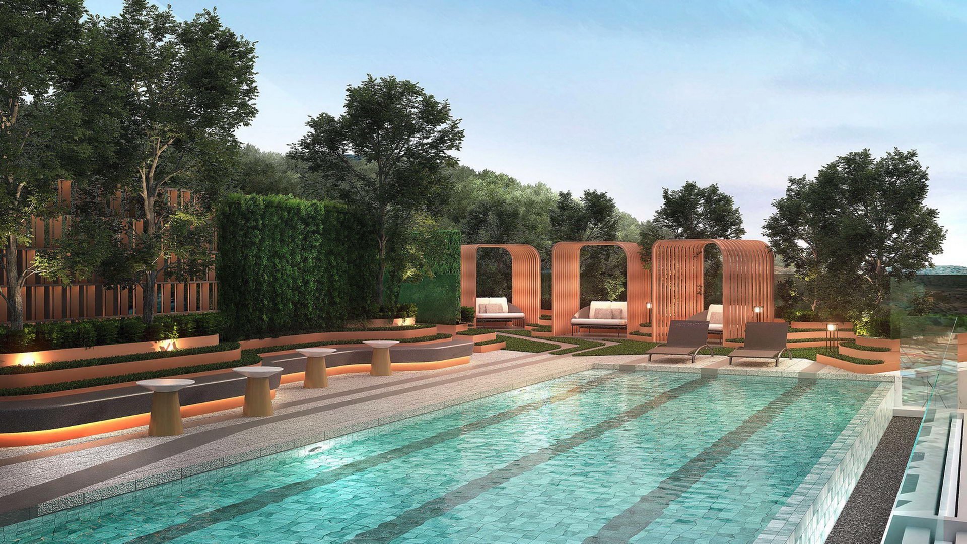 VIP Venus Karon — main swimming pool with arched designer cabanas and landscaped surround