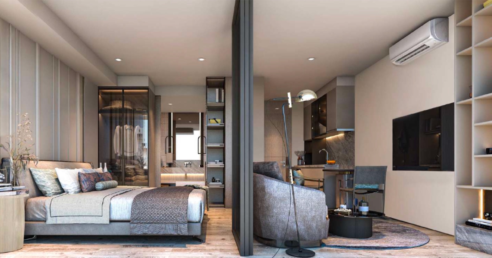 VIP Venus Karon — 1-bedroom apartment interior with bedroom, walk-through wardrobe, lounge chair and integrated kitchen-living area