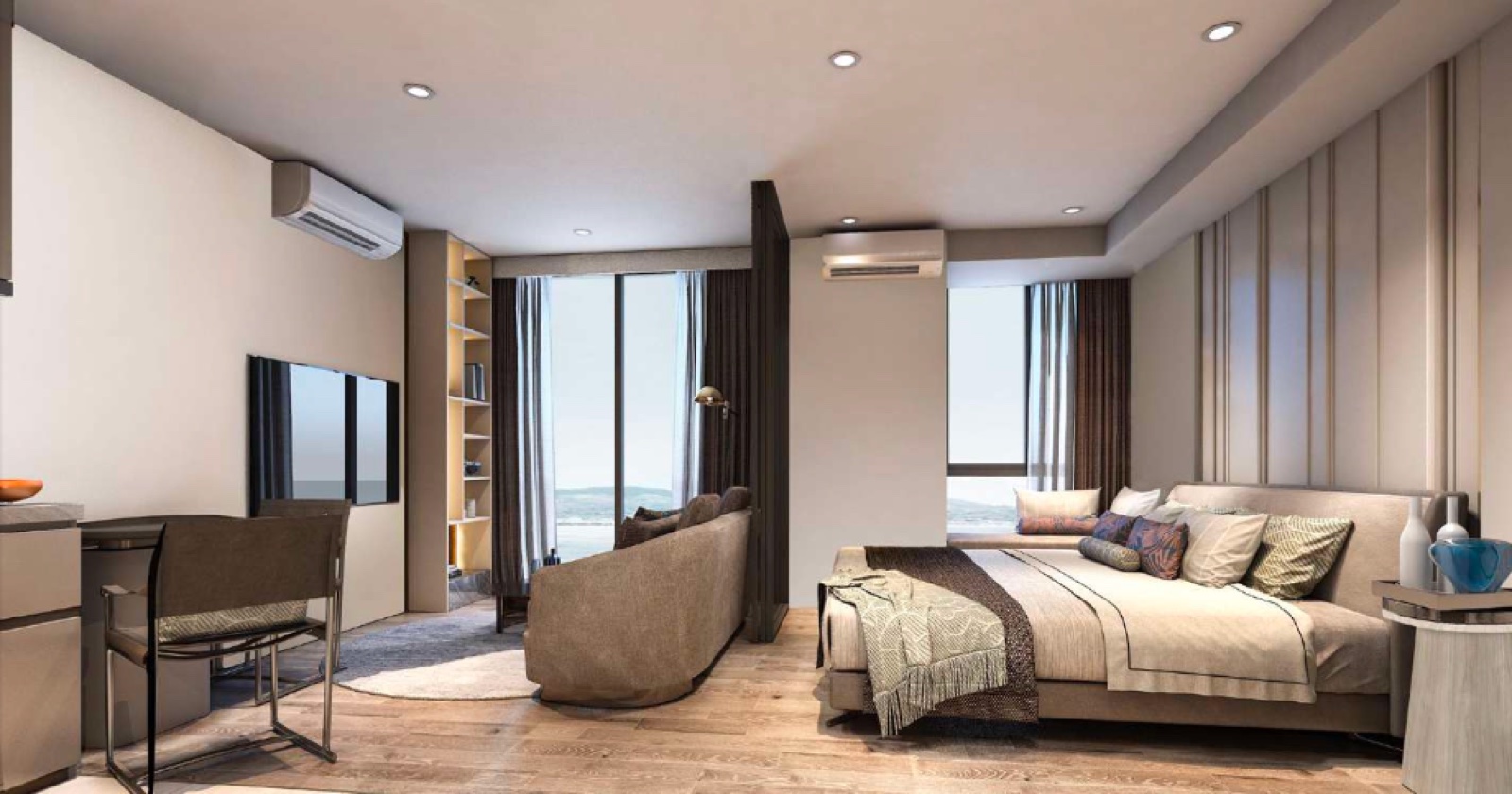 VIP Venus Karon — open living-bedroom with full-height balcony, dining-lounge sofa and engineered timber flooring