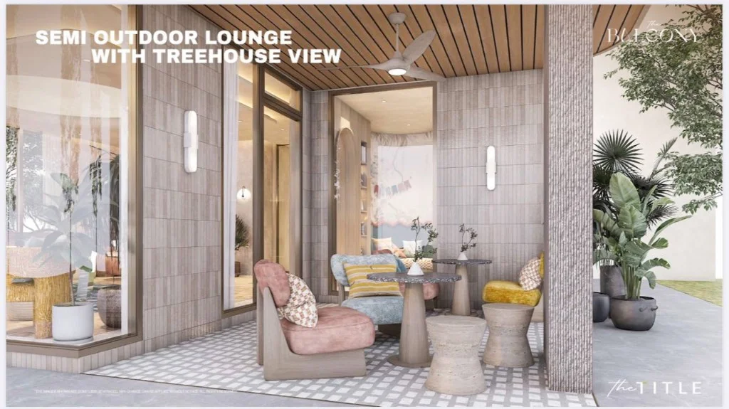 The Title Balcony semi-outdoor lounge with treehouse view