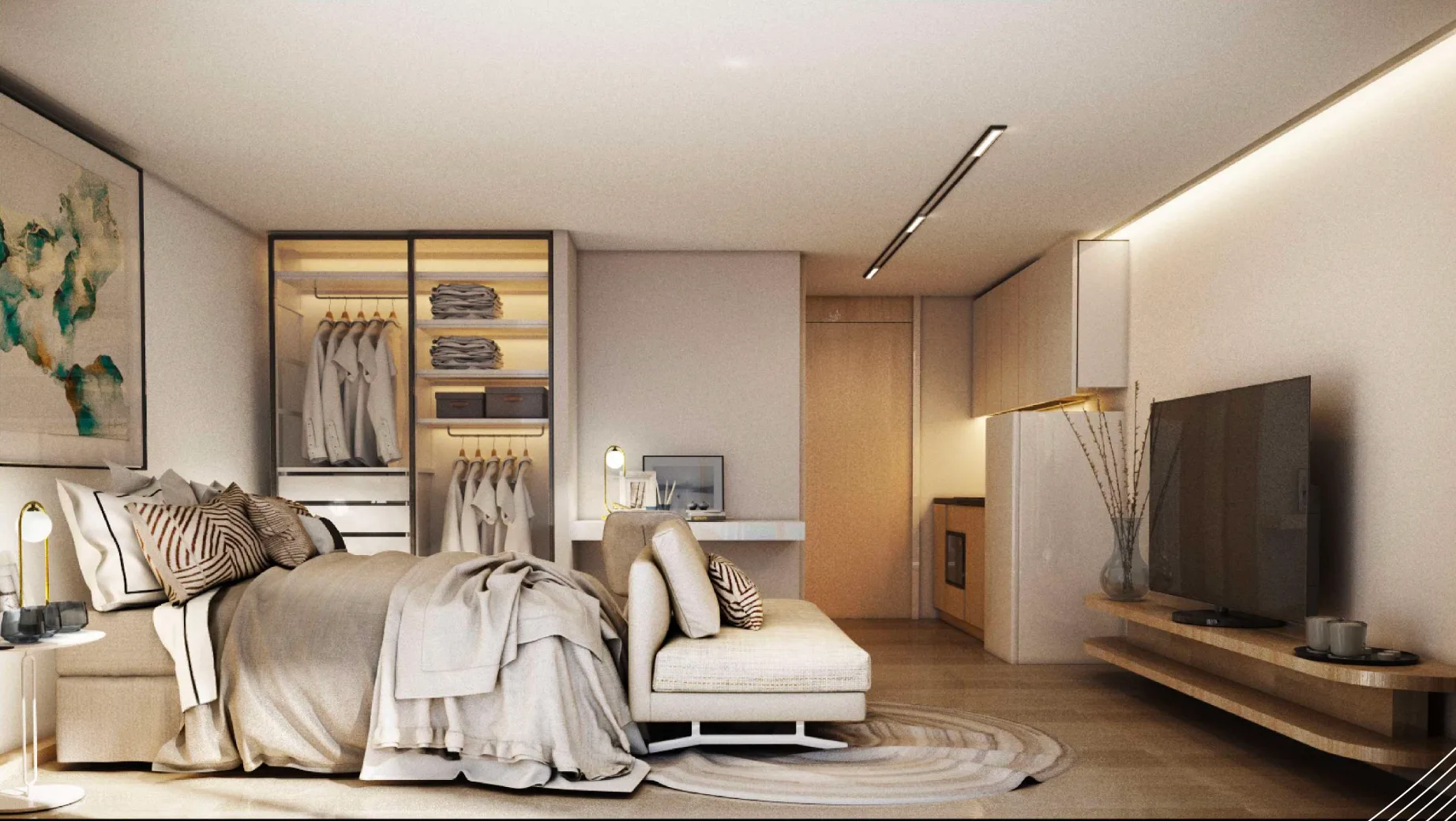 VIP Space Odyssey studio interior render sleeping and living zone