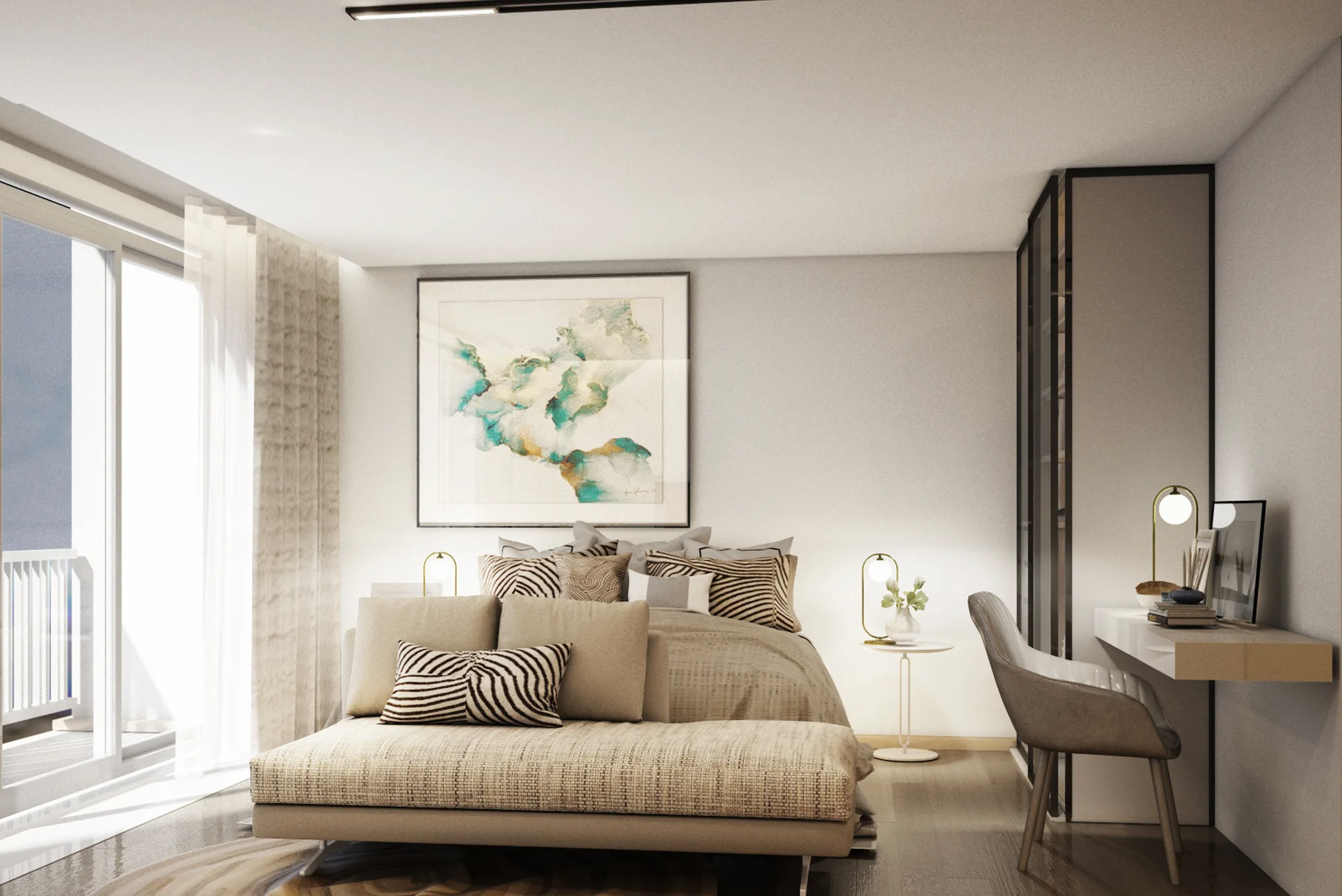 VIP Space Odyssey studio interior render with kitchen wall