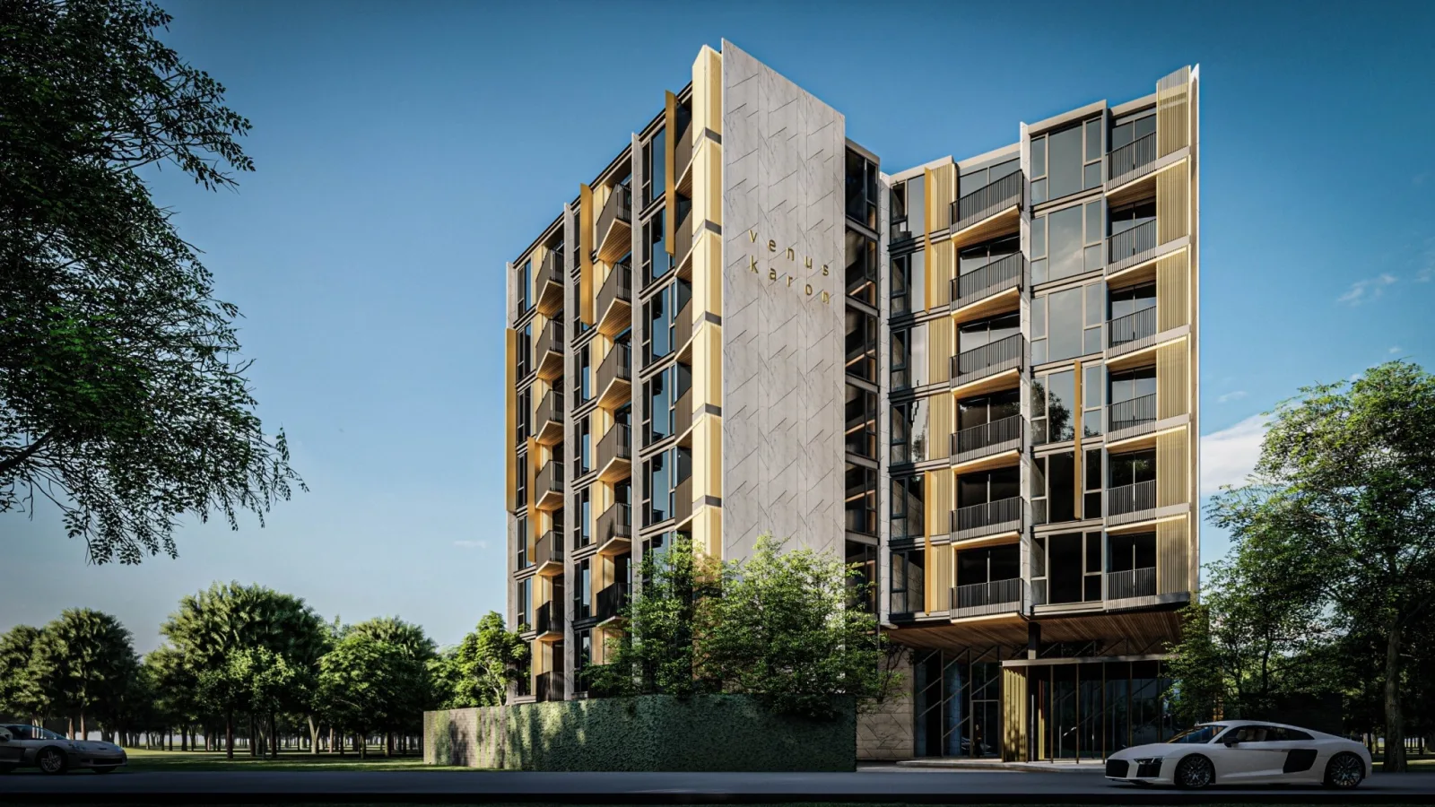 VIP Venus Karon exterior render with gold-accented facade