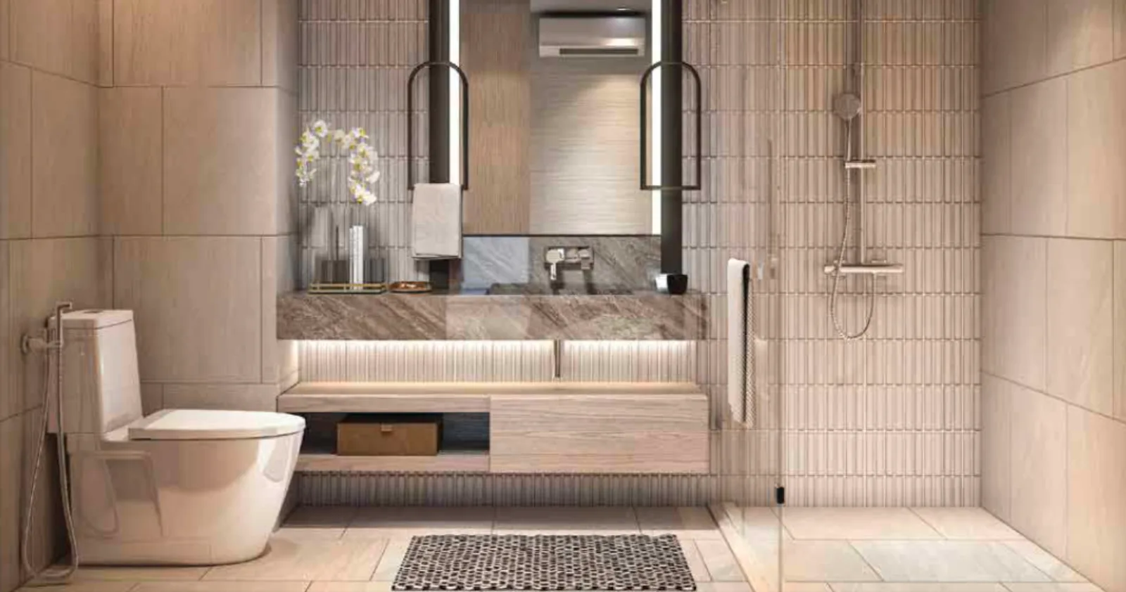 VIP Venus Karon bathroom render with stone vanity and walk-in shower